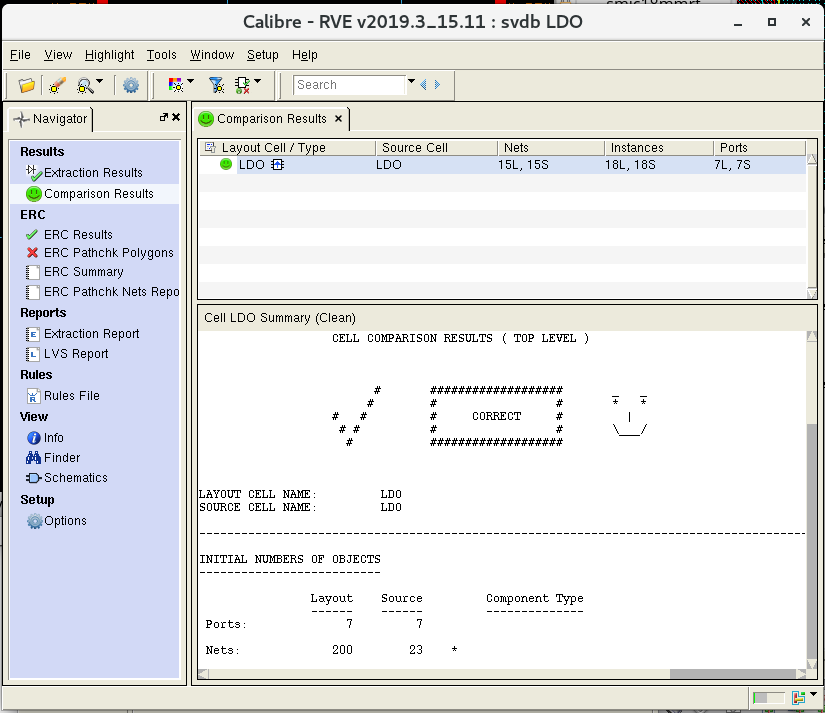 Calibre LVS comparison window for the team LDO project showing a CORRECT result.