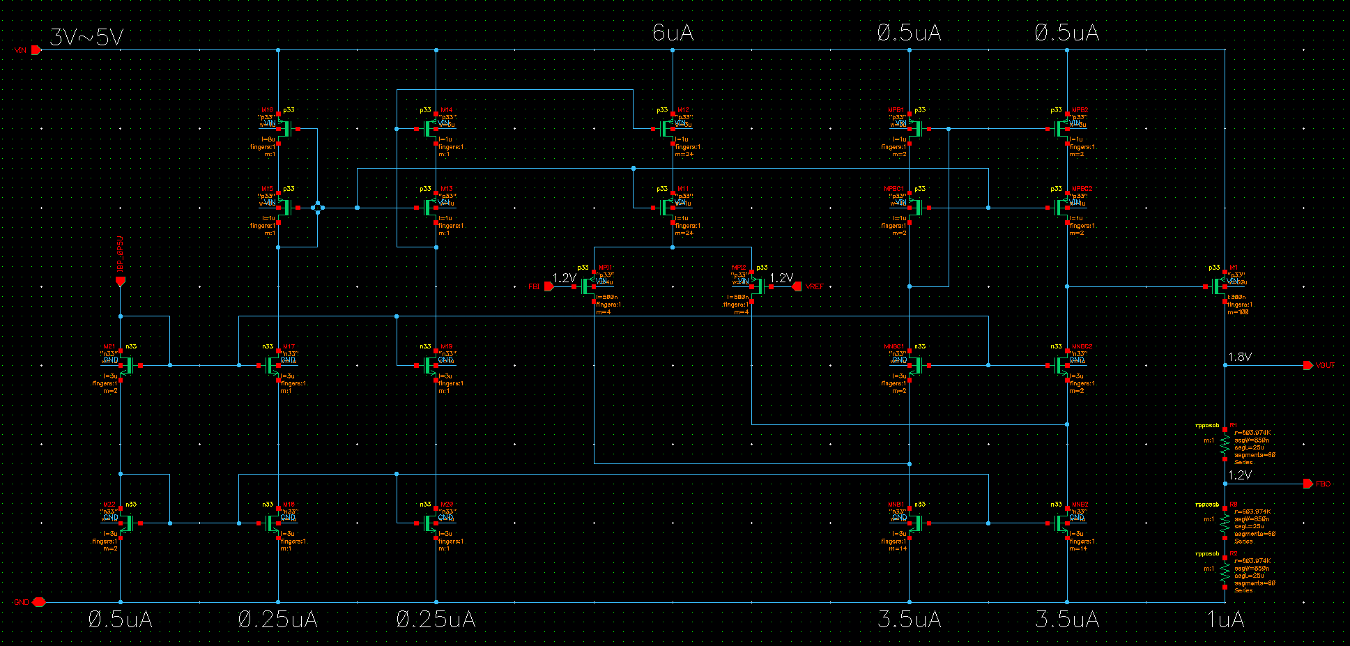 Cadence transistor-level schematic of the team 1.8 V SMIC 180 nm LDO, including its reference, error-amplifier, feedback, bias, and PMOS pass-device paths.